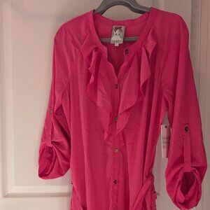 Yoana Baraschi Hot Pink Button-Up Ruffle-Collar Knee-Length dress